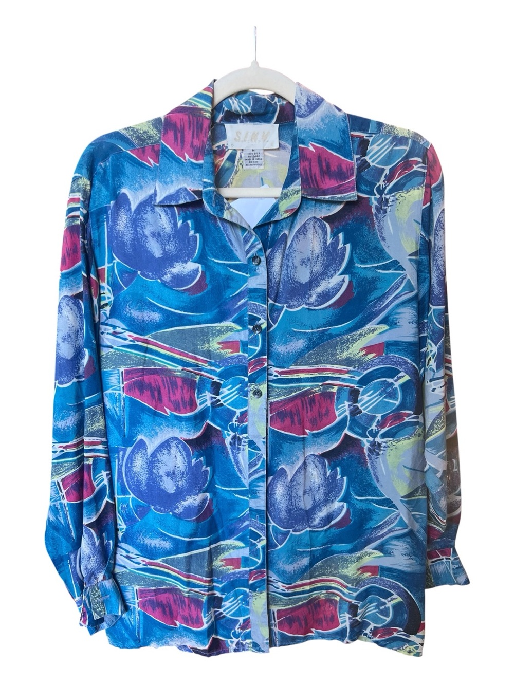 Vintage 90s Abstract Print Button-Up Shirt | 100% Silk | Size M